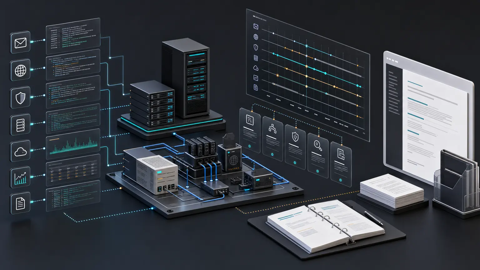 Technical validation workspace connecting headers, DNS, mail infrastructure, monitoring, change records, and handover documentation