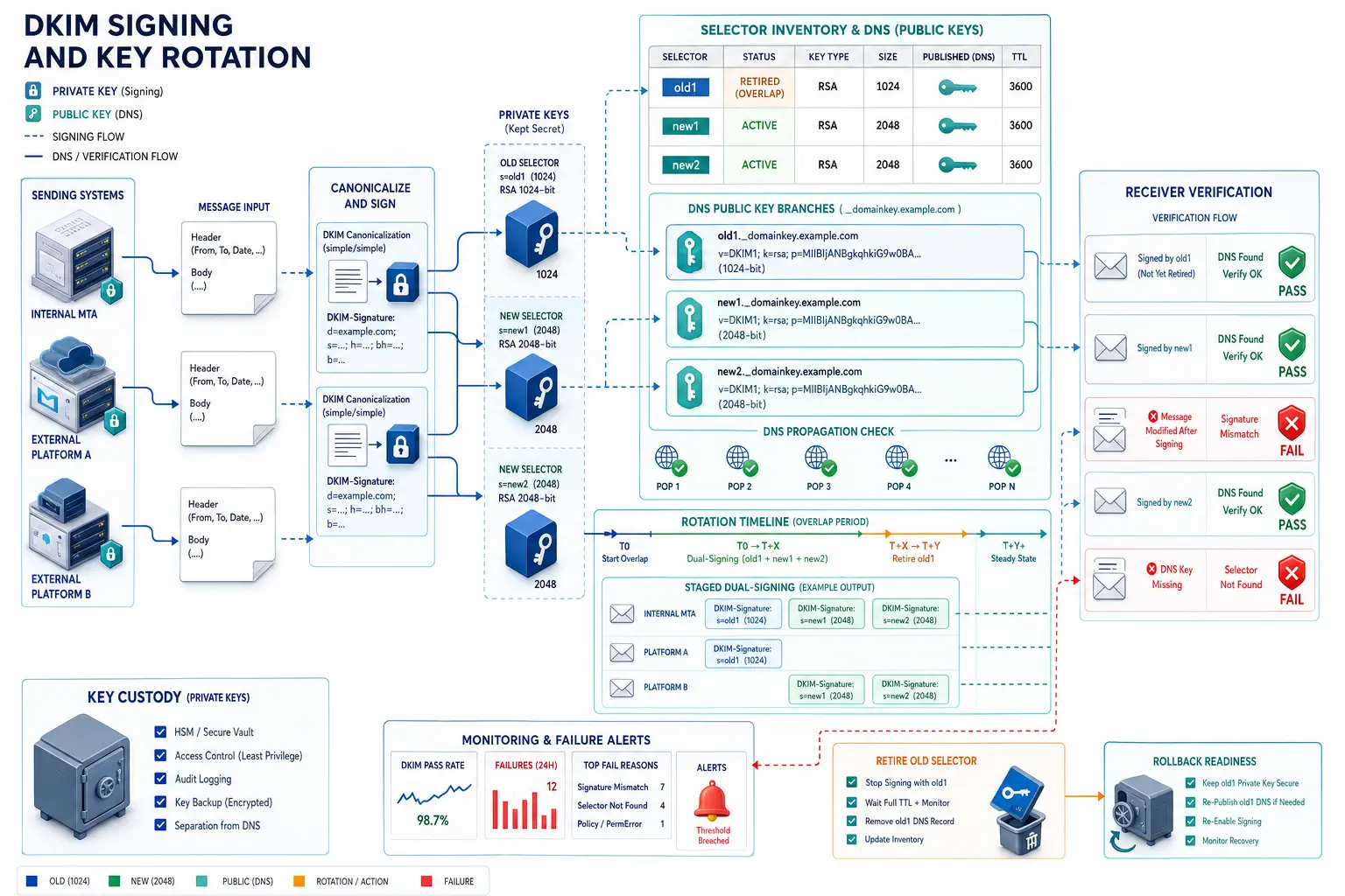 DKIM Signing and Key Rotation technical workflow and complex test scenario