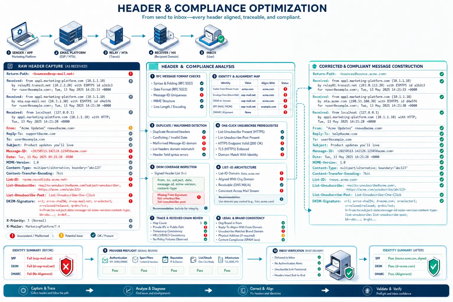 Header and Compliance Optimization technical workflow and complex test scenario