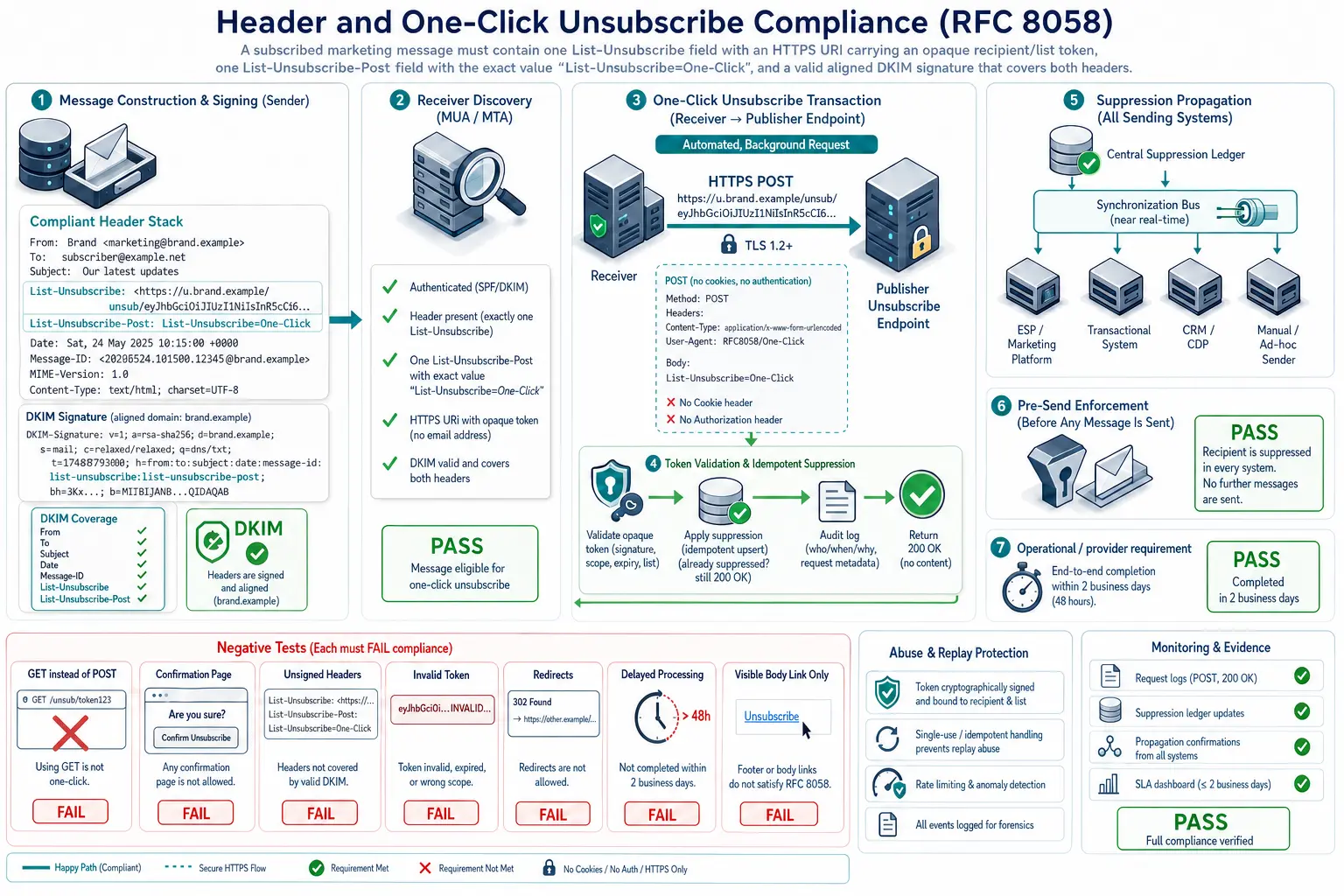 Header and One-Click Unsubscribe Compliance technical workflow and complex test scenario