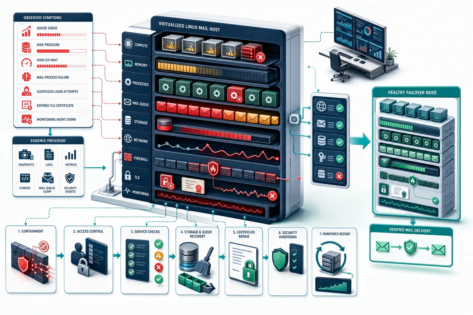 MTA and Linux server workflow covering queues, services, routing, security, monitoring, and recovery