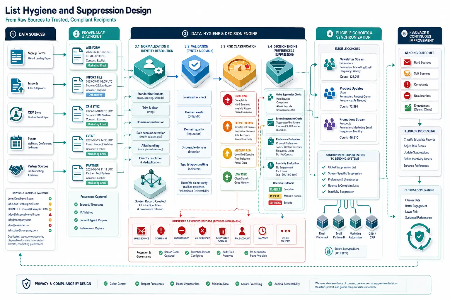 List Hygiene and Suppression Design technical workflow and complex test scenario