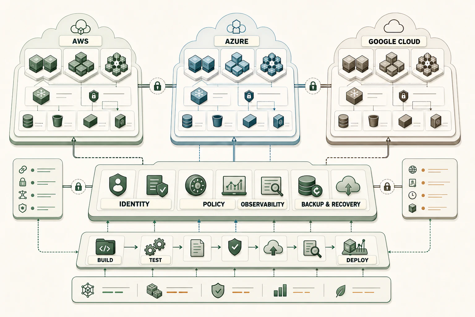 Labeled multi-cloud architecture connecting AWS, Azure, and Google Cloud through shared identity, policy, observability, recovery, and delivery controls